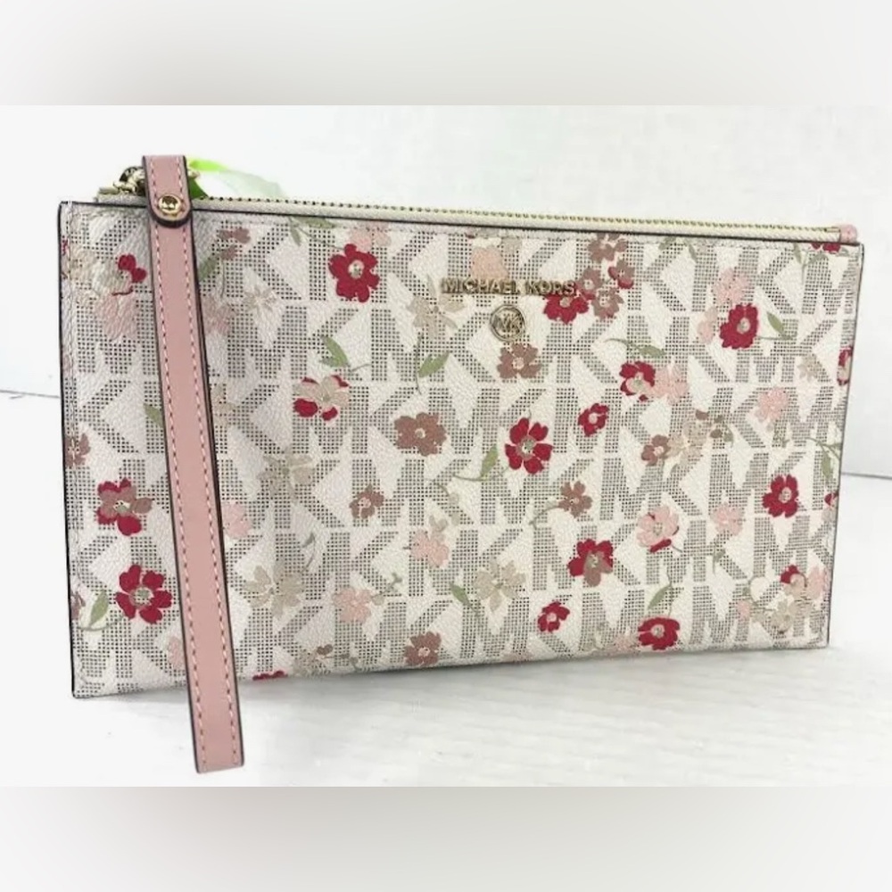 Michael Kors Pink Floral Logo Wristlet with Gold Hardware NWOT - Picture 1 of 11